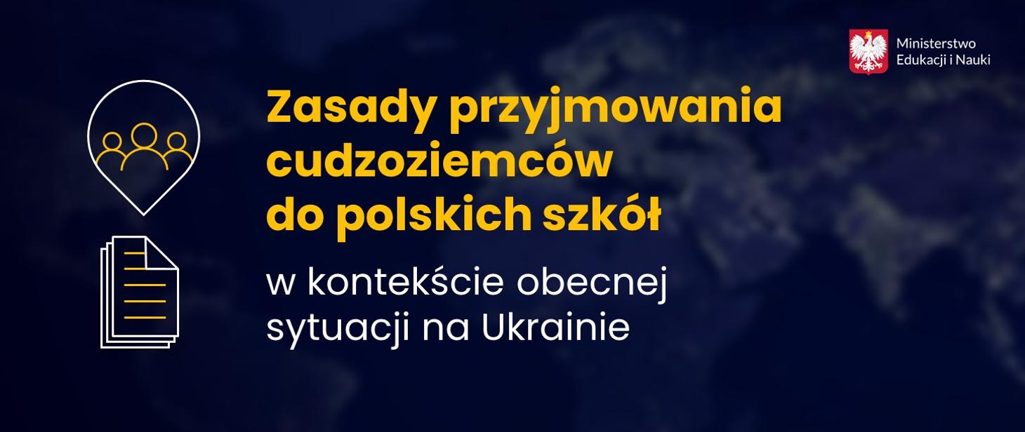 Żółto-biały napis na granatowym tle z grafiką i godłem Polski