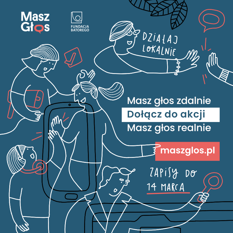 Niebieska grafika z postaciami. Na grafice umieszczono logo Fundacji Batorego i Masz Głos.