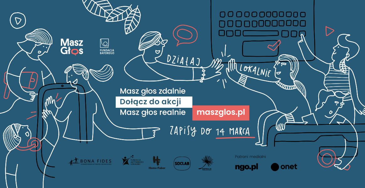 Plakat w kolorze niebieskim, z grafikami, promujący akcję 