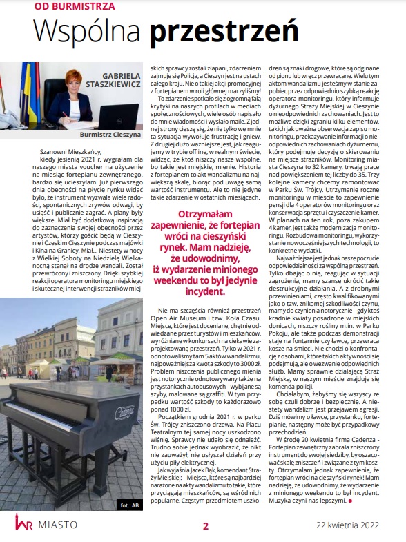 Wiadomości Ratuszowe, słowo wstępne Burmistrz Miasta Cieszyna fot. arc. 