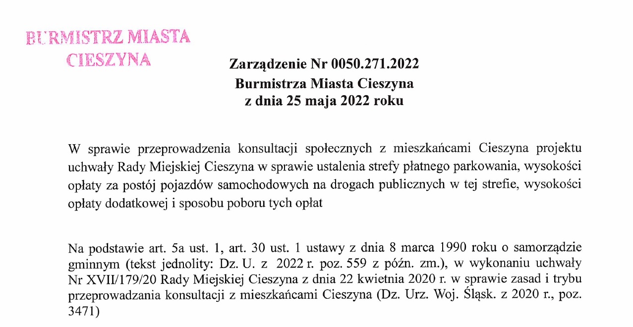 Formularz - Zarządzenie Nr 0050.271.2022 Burmistrza Miasta Cieszyna z dnia 25 maja 2022 roku