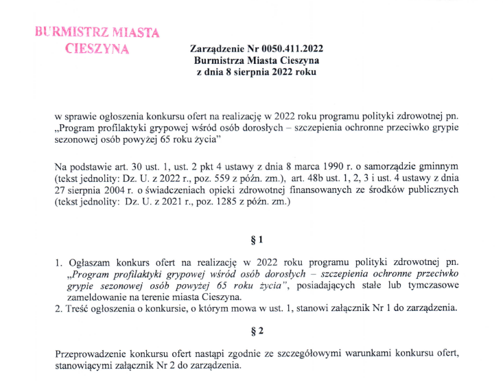 Fragment Zarządzenia Nr 0050.417.2022 Burmistrza Miasta Cieszyna z dnia 10 sierpnia 2022 -ilustracja