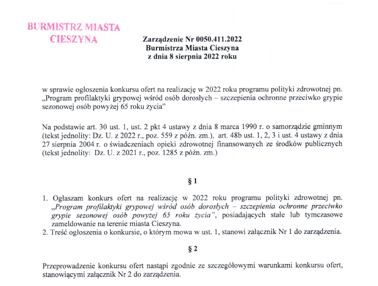 Fragment Zarządzenia Nr 0050.411.2022 Burmistrza Miasta Cieszyna z dnia 10 sierpnia 2022 -ilustracja