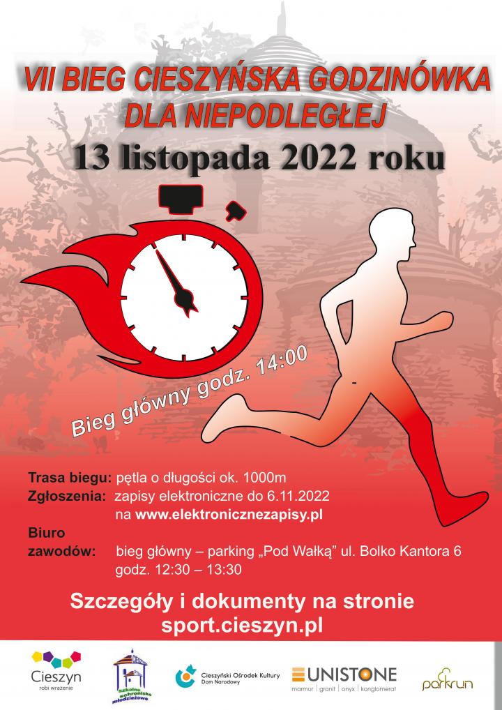 Plakat zapowiadający VII Cieszyński Bieg Godzinówka dla Niepodległej