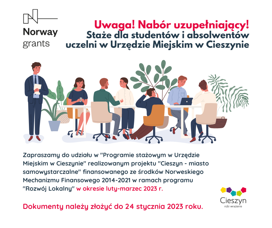 Grafika promująca Program stażowy w Urzędzie Miejskim w Cieszynie