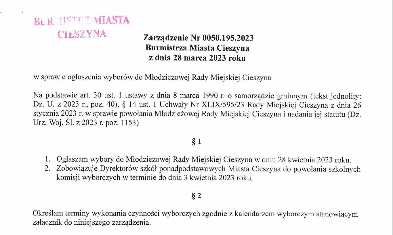 Fragment Zarządzenia Nr 0050.195.2023 Burmistrza Miasta Cieszyna z dnia 28 marca 2023 roku