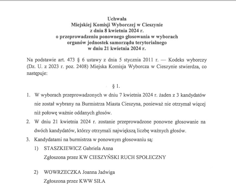 Fragment skanu Uchwały Miejskiej Komisji Wyborczej w Cieszynie z dnia 9 kwietnia 2024 r.