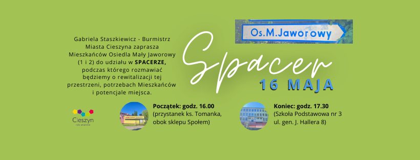 Plakat z informacją dotyczącą zaproszenia Mieszkańców Osiedla Mały Jaworowy do udziału w spacerze