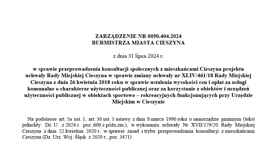 ZARZĄDZENIE NR 0050.404.2024 BURMISTRZA MIASTA CIESZYNA z dnia 31 lipca 2024 r.
