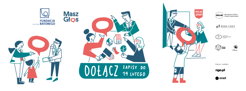 Grafika rysunkowa ludzi w działania, w rozmowie (plakat akcji)