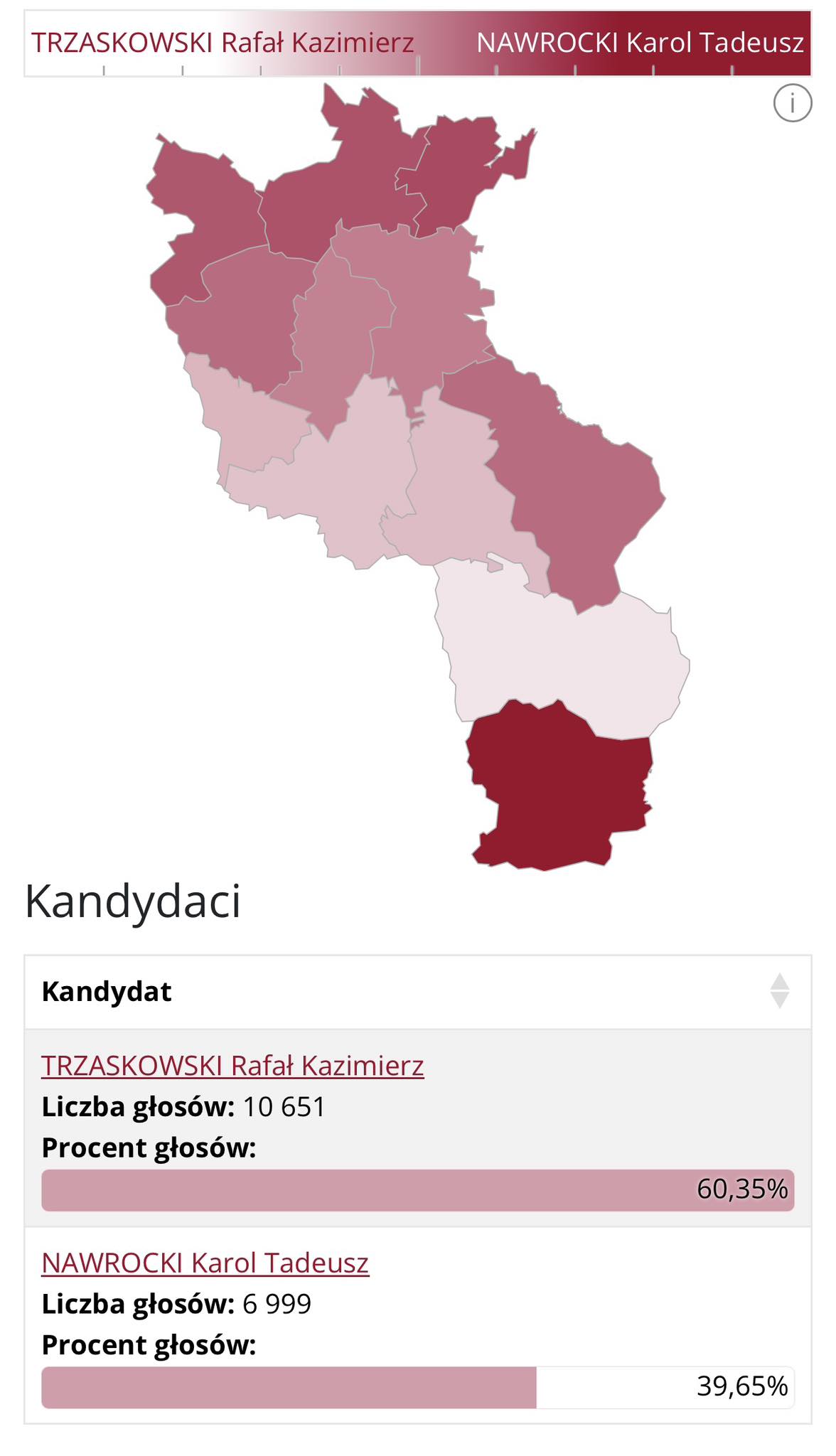 Mapka informująca o wynikach ponownego głosowania w Cieszynie