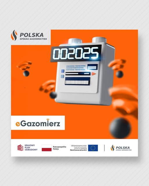 Grafika przedstawiająca gazomierz wraz z symbolami łączności bezprzewodowej na pomarańczowym tle