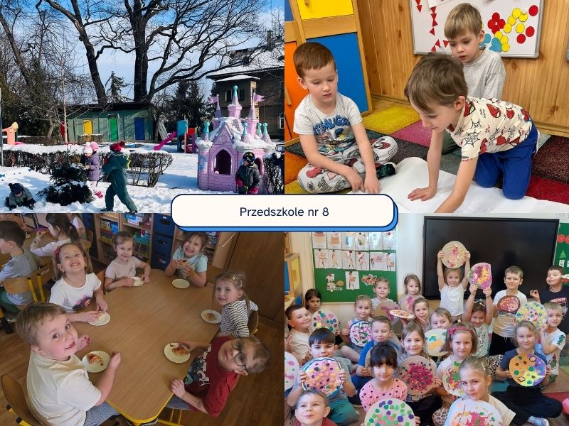 Kolaż zdjęć z przedszkola: dzieci bawią się na śniegu, rysują, jedzą wspólnie i się wspólnie  na środku napis „Przedszkole nr 8”. Fot. FB Przedszkole nr 8
