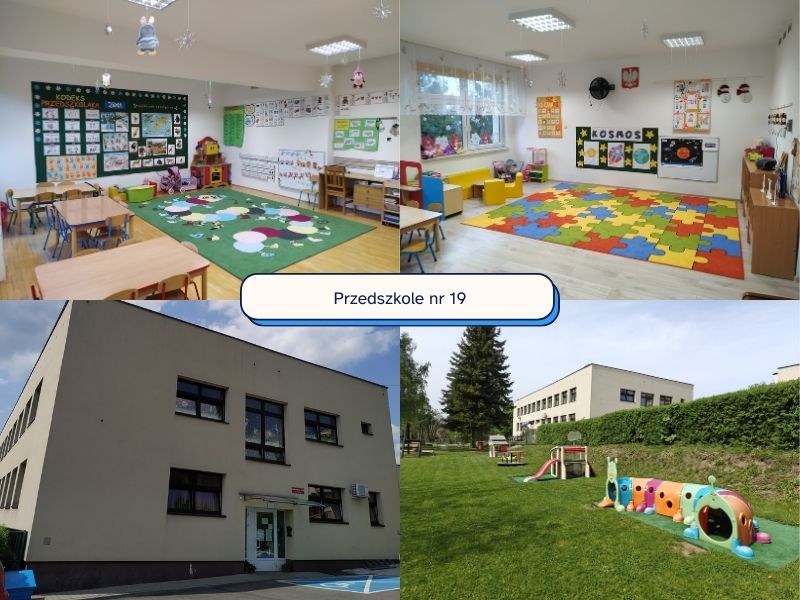 Na zdjęciu widać kolaż czterech fotografii przedstawiających życie w przedszkolu. Na środku znajduje się napis „Przedszkole nr 19”
