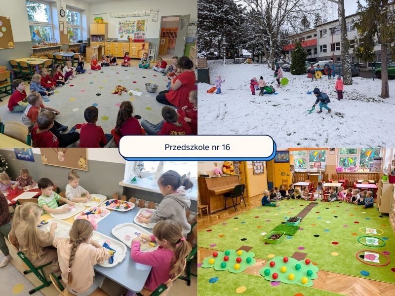 Na zdjęciu widać kolaż czterech fotografii przedstawiających życie w przedszkolu. Na środku znajduje się napis „Przedszkole nr 16”
