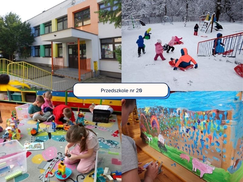 Na zdjęciu widać kolaż czterech fotografii przedstawiających życie w przedszkolu. Na środku znajduje się napis „Przedszkole nr 20”