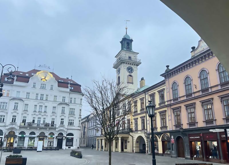 Widok na cieszyński rynek z centralnie widoczną wieżą ratusza, otoczony historycznymi kamienicami; na pierwszym planie drzewo i latarnia, w tle pochmurne niebo, fot. UM Cieszyn