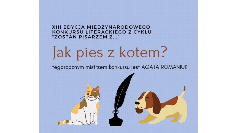 Grafika na niebieskim tle. Pies i kot i pióro. Grafika dotyczy konkursu literackiego