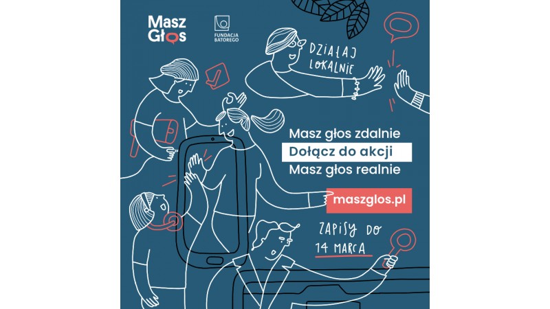 Niebieska grafika z postaciami. Na grafice umieszczono logo Fundacji Batorego i Masz Głos.