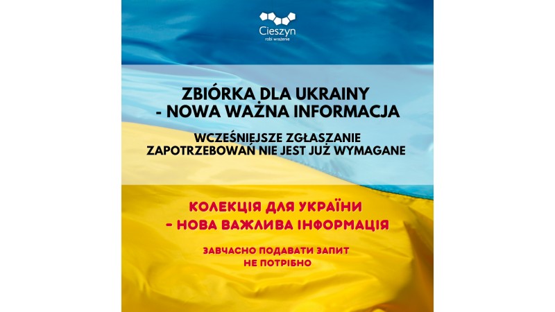 Grafika w barwach narodowych Ukrainy z informacją, że nie ma już konieczności wcześniejszego zgłaszania zapotrzebowania na przedmioty ze zbiórki.