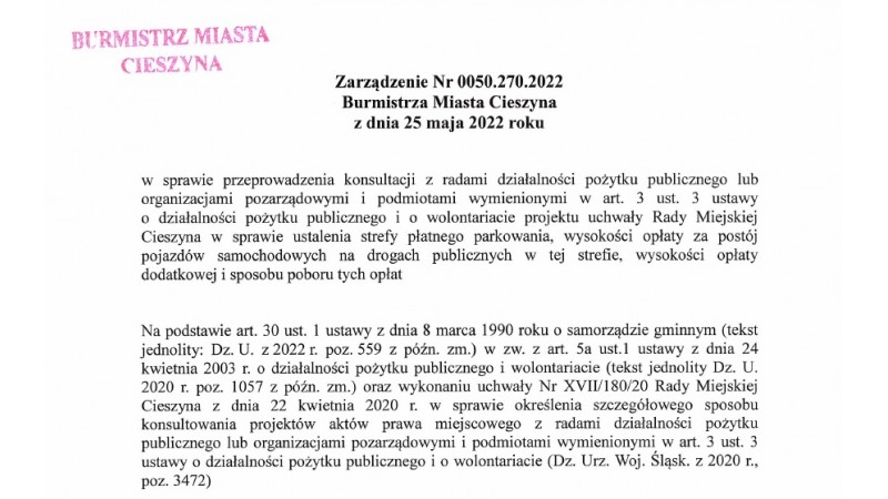 Pismo - Zarządzenie Nr 0050.270.2022 Burmistrza Miasta Cieszyna z dnia 25 maja 2022 roku