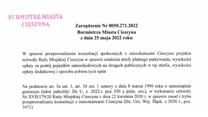 Formularz - Zarządzenie Nr 0050.271.2022 Burmistrza Miasta Cieszyna z dnia 25 maja 2022 roku