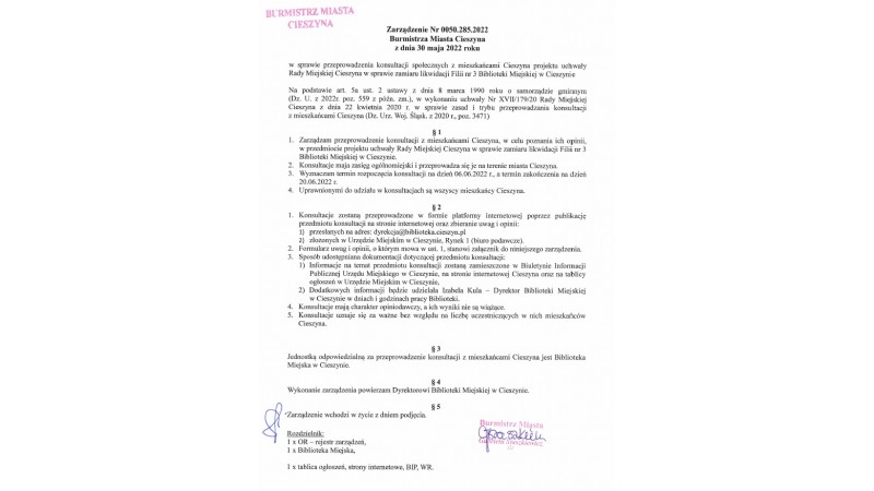 Dokument - Zarządzenie Nr 0050.285.2022 Burmistrza Miasta Cieszyna z dnia 30 maja 2022 roku