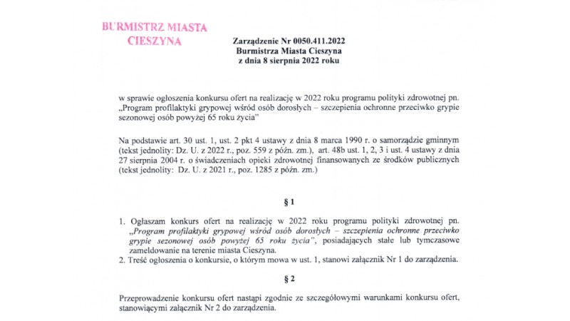 Fragment Zarządzenia Nr 0050.417.2022 Burmistrza Miasta Cieszyna z dnia 10 sierpnia 2022 -ilustracja