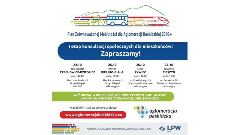 Infografika prezentująca problematykę i miejsca konsultacji społecznych, autorstwo: Stowarzyszenie Aglomeracja Beskidzka