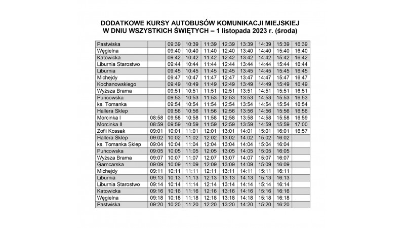 Miniatura zmienionego rozkładu jazdy komunikacji miejskiej w Cieszynie w dniu 01.11.2023