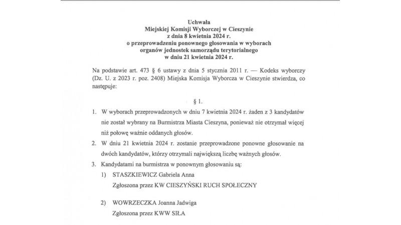 Fragment skanu Uchwały Miejskiej Komisji Wyborczej w Cieszynie z dnia 9 kwietnia 2024 r.