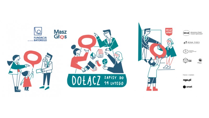 Grafika rysunkowa ludzi w działania, w rozmowie (plakat akcji)