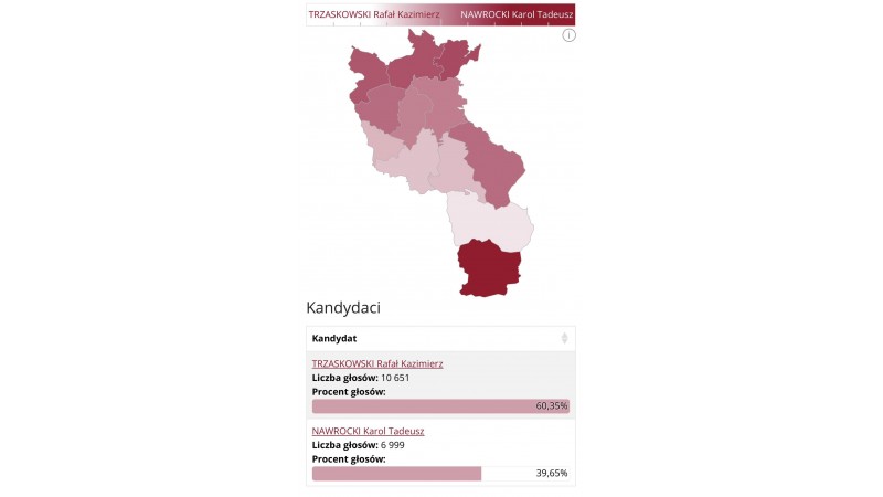 Mapka informująca o wynikach ponownego głosowania w Cieszynie