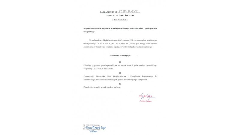 Zarządzenie w sprawie odwołania pogotowia przeciwpowodziowego na terenie miast i gmin powiatu cieszyńskiego