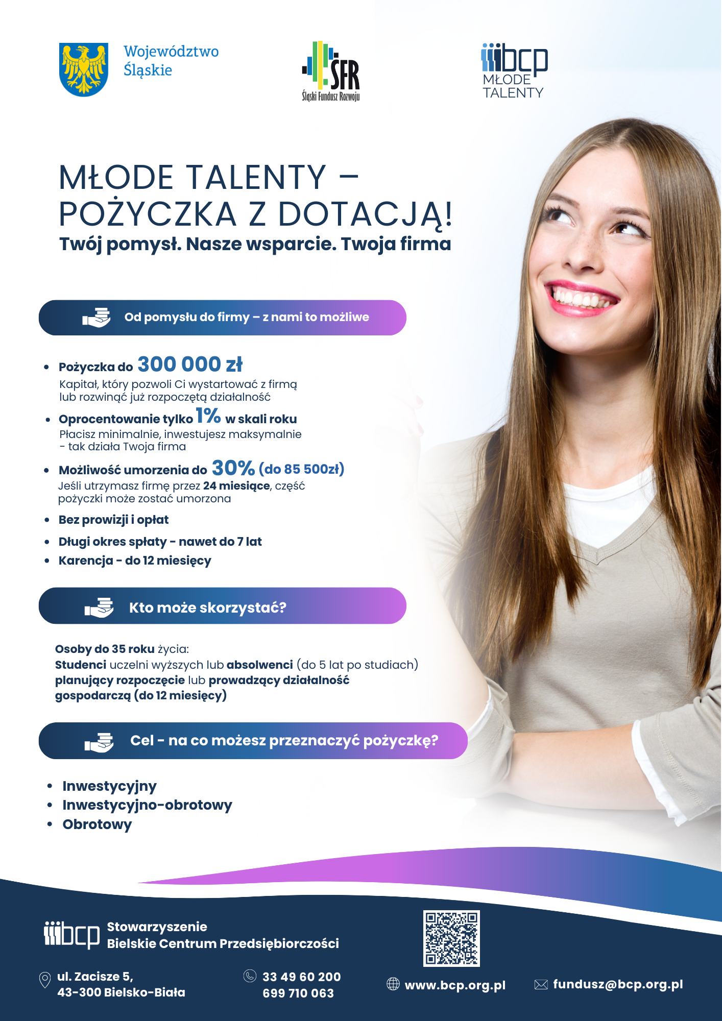 Plakat podsumowujący projekt pożyczki z dotscją ze zdjęciem młodej, uśmiechniętej kobiety