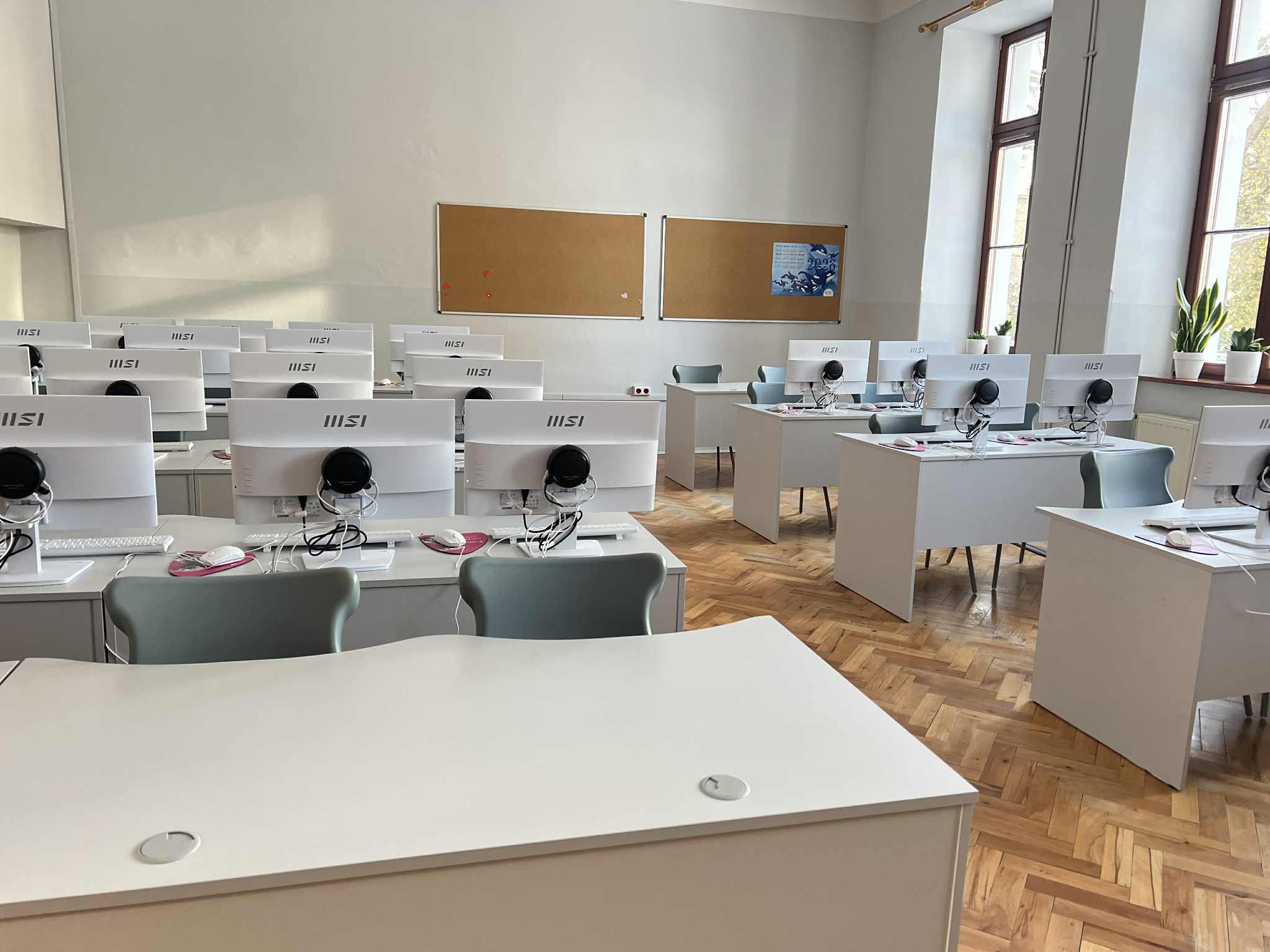 Rząd stanowisk komputerowych w jasnej sali: monitory, klawiatury i myszy ustawione na biurkach