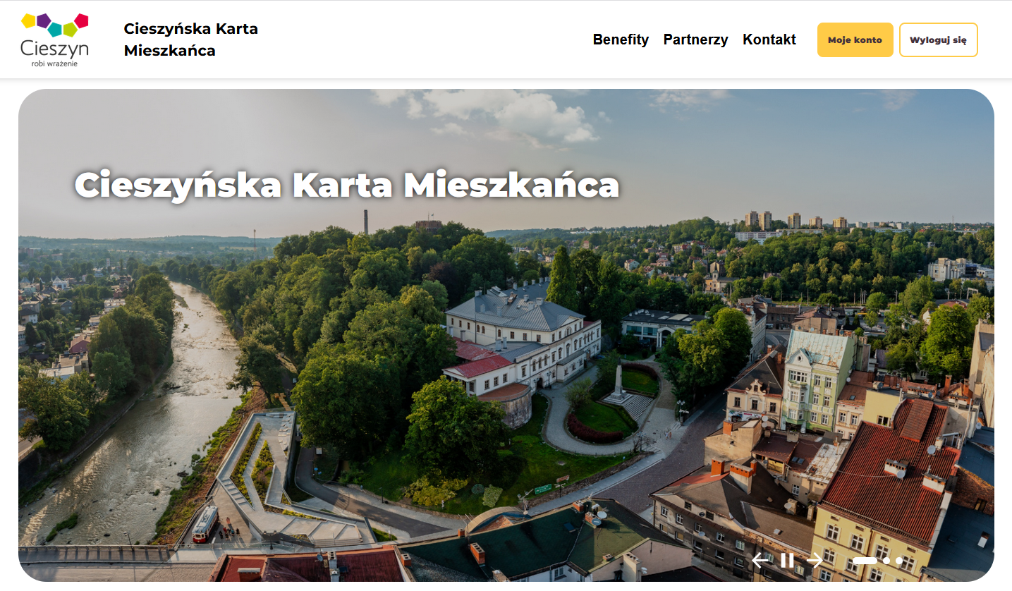 Wygląd internetowej strony startowej Cieszyńskiej Karty Mieszkańca